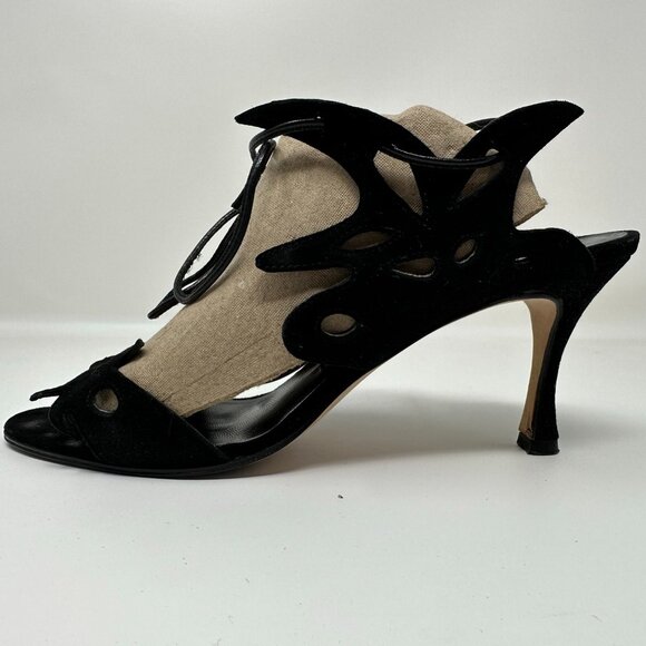 Manolo Blahnik Shoes - Manolo Blahnik Filodendro Black Suede Cutout Lace Up Heels 37 7 EUC